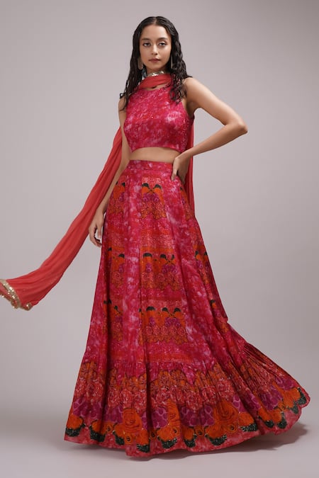 Buy_Breathe By Aakanksha Singh_Orange Silk, Chiffon Sequins, Embroidery Floortie Floral Print Lehenga Set For Kids