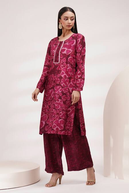 Shop_Breathe By Aakanksha Singh_Purple Organza, Cotton, Silk Sequins Round Neck Florentina Print Kurta Set _Online_at_Aza_Fashions