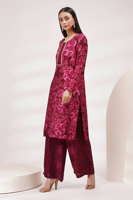Breathe By Aakanksha Singh_Purple Organza, Cotton, Silk Sequins Round Neck Florentina Print Kurta Set _at_Aza_Fashions