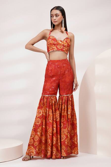 Shop_Breathe By Aakanksha Singh_Coral Organza, Cotton, Silk Embroidery, Sequins Forsy Printed Blouse Sharara Set For Kids_Online_at_Aza_Fashions