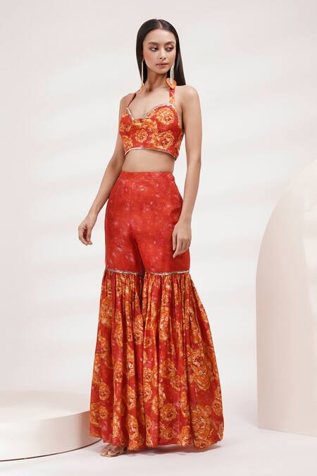 Breathe By Aakanksha Singh_Coral Organza, Cotton, Silk Embroidery, Sequins Forsy Printed Blouse Sharara Set For Kids_at_Aza_Fashions