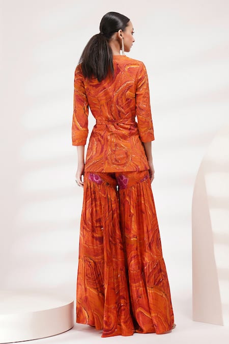 Shop Breathe By Aakanksha Singh Orange Cotton, Silk Cut Work, Embroidery Gerbera Printed Jacket And Sharara Set at Aza Fashions Shop_Breathe By Aakanksha Singh_Orange Cotton, Silk Cut Work, Embroidery Gerbera Printed Jacket And Sharara Set _at_Aza_Fashions