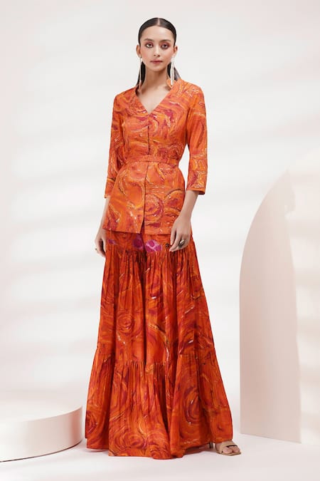 Breathe By Aakanksha Singh Orange Cotton, Silk Cut Work, Embroidery Gerbera Printed Jacket And Sharara Set Online at Aza Fashions Breathe By Aakanksha Singh_Orange Cotton, Silk Cut Work, Embroidery Gerbera Printed Jacket And Sharara Set _Online_at_Aza_Fashions