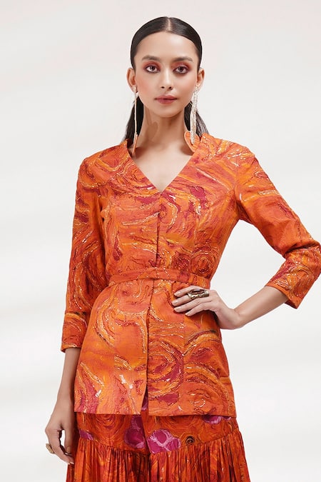 Buy Breathe By Aakanksha Singh Orange Cotton, Silk Cut Work, Embroidery Gerbera Printed Jacket And Sharara Set Online at Aza Fashions Buy_Breathe By Aakanksha Singh_Orange Cotton, Silk Cut Work, Embroidery Gerbera Printed Jacket And Sharara Set _Online_at_Aza_Fashions