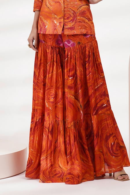 Shop Breathe By Aakanksha Singh Orange Cotton, Silk Cut Work, Embroidery Gerbera Printed Jacket And Sharara Set Online at Aza Fashions Shop_Breathe By Aakanksha Singh_Orange Cotton, Silk Cut Work, Embroidery Gerbera Printed Jacket And Sharara Set _Online_at_Aza_Fashions