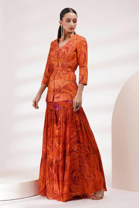 Breathe By Aakanksha Singh Orange Cotton, Silk Cut Work, Embroidery Gerbera Printed Jacket And Sharara Set at Aza Fashions Breathe By Aakanksha Singh_Orange Cotton, Silk Cut Work, Embroidery Gerbera Printed Jacket And Sharara Set _at_Aza_Fashions