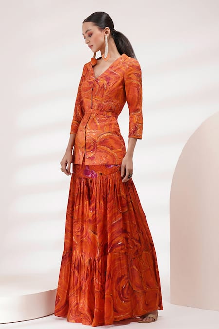 Buy Breathe By Aakanksha Singh Orange Cotton, Silk Cut Work, Embroidery Gerbera Printed Jacket And Sharara Set Buy_Breathe By Aakanksha Singh_Orange Cotton, Silk Cut Work, Embroidery Gerbera Printed Jacket And Sharara Set