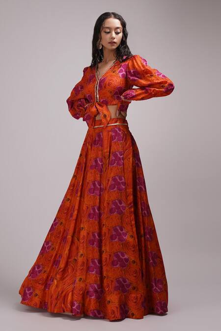 Breathe By Aakanksha Singh_Orange Silk Sequins, Embroidery Giacinta Rose Print Blouse And Skirt Set For Kids_Online_at_Aza_Fashions