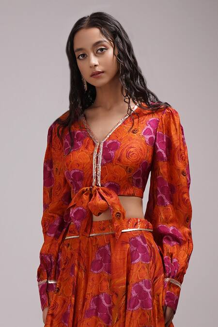 Shop_Breathe By Aakanksha Singh_Orange Silk Sequins, Embroidery Giacinta Rose Print Blouse And Skirt Set For Kids_Online_at_Aza_Fashions