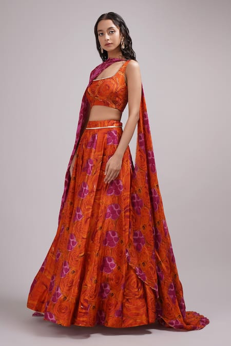 Breathe By Aakanksha Singh_Pink Cotton, Silk Embroidery, Sequins Ginger Floral Print Lehenga Blouse Set _Online_at_Aza_Fashions