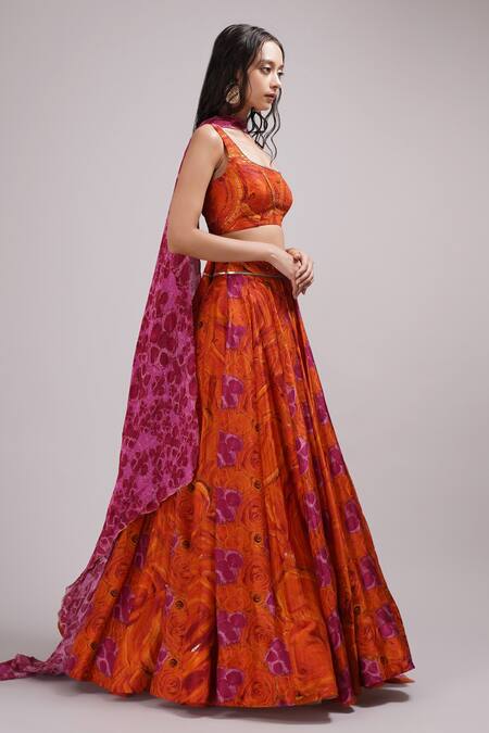 Buy_Breathe By Aakanksha Singh_Pink Cotton, Silk Embroidery, Sequins Ginger Floral Print Lehenga Blouse Set _Online_at_Aza_Fashions