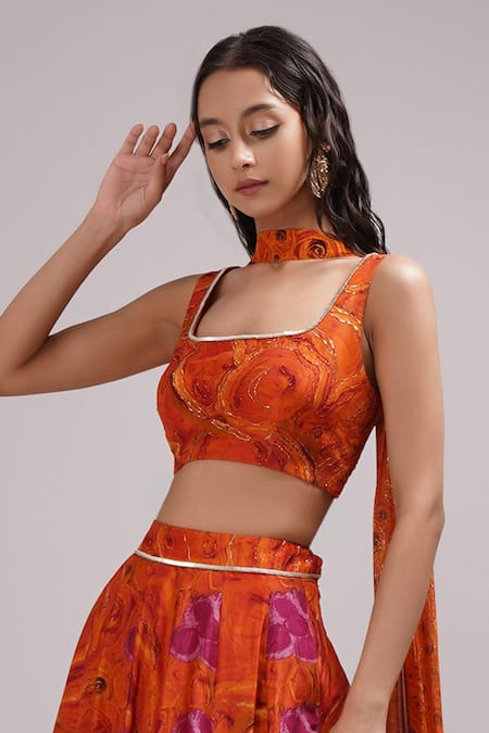 Breathe By Aakanksha Singh_Pink Cotton, Silk Embroidery, Sequins Ginger Floral Print Lehenga Blouse Set _at_Aza_Fashions