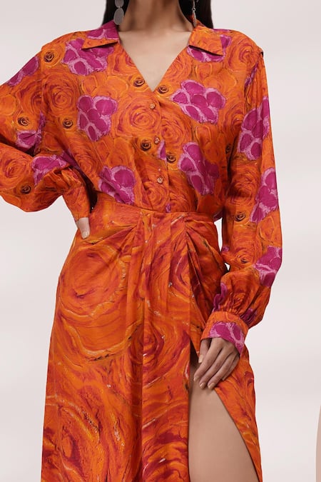 Breathe By Aakanksha Singh_Orange Cotton Embroidery Collared Glory Printed Shirt And Skirt Set _Online_at_Aza_Fashions