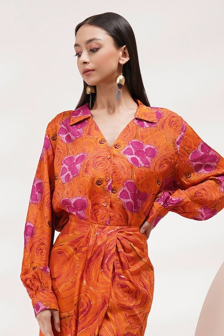 Shop_Breathe By Aakanksha Singh_Orange Cotton Embroidery Collared Glory Printed Shirt And Skirt Set _Online_at_Aza_Fashions