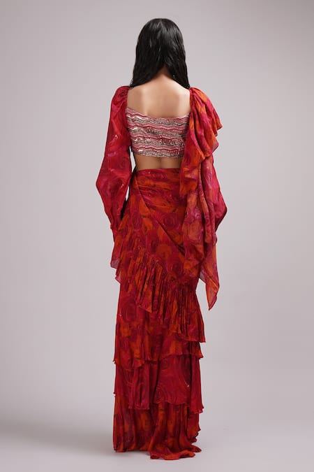 Breathe By Aakanksha Singh Hana Printed Draped Ruffle Saree With Blouse 