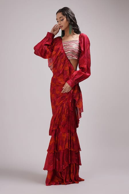 Breathe By Aakanksha Singh_Fuchsia Brocade, , Hana Printed Draped Ruffle Saree With Blouse _Online_at_Aza_Fashions