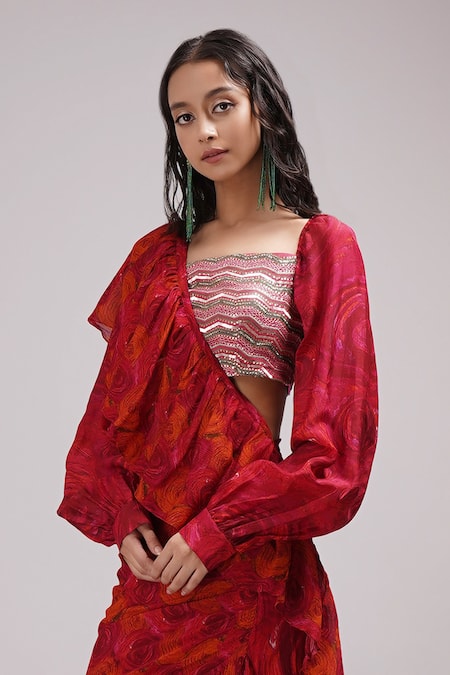 Buy_Breathe By Aakanksha Singh_Fuchsia Brocade, , Hana Printed Draped Ruffle Saree With Blouse _Online_at_Aza_Fashions