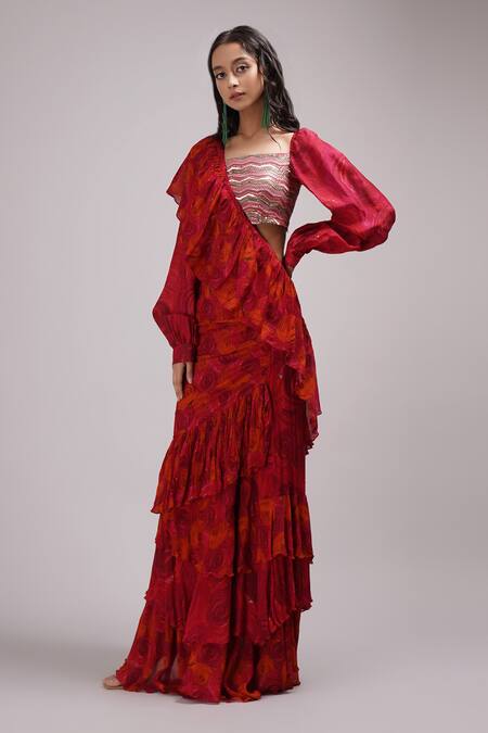 Shop_Breathe By Aakanksha Singh_Fuchsia Brocade, , Hana Printed Draped Ruffle Saree With Blouse _Online_at_Aza_Fashions