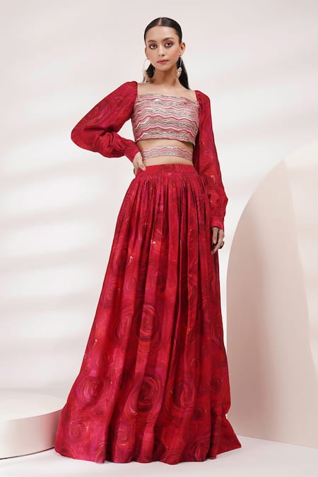 Breathe by Aakanksha Singh Red Upada Silk Embroidery Sequin Square Neck Harmony Blouse Lehenga Set