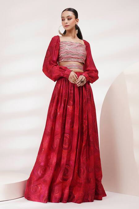 Breathe By Aakanksha Singh_Red Chanderi, Cotton Sequins, Gota Patti Harmony Embroidered Blouse Lehenga Set For Kids_Online_at_Aza_Fashions