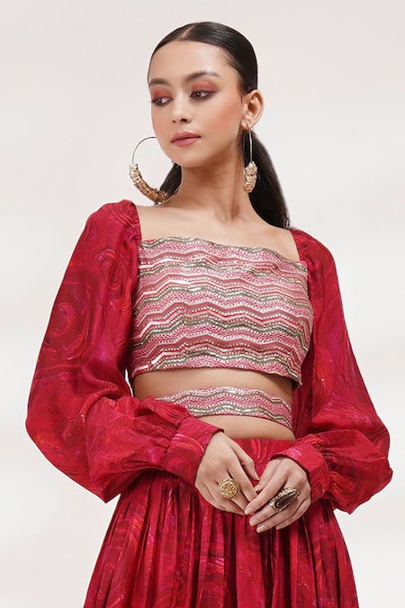 Buy_Breathe By Aakanksha Singh_Red Chanderi, Cotton Sequins, Gota Patti Harmony Embroidered Blouse Lehenga Set For Kids_Online_at_Aza_Fashions