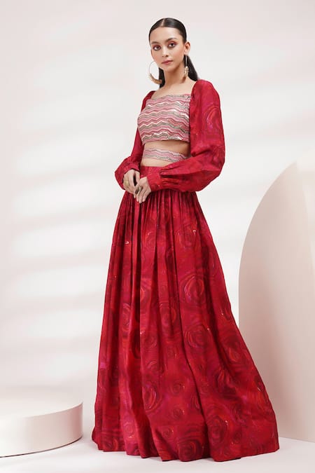 Breathe By Aakanksha Singh_Red Chanderi, Cotton Sequins, Gota Patti Harmony Embroidered Blouse Lehenga Set For Kids_at_Aza_Fashions