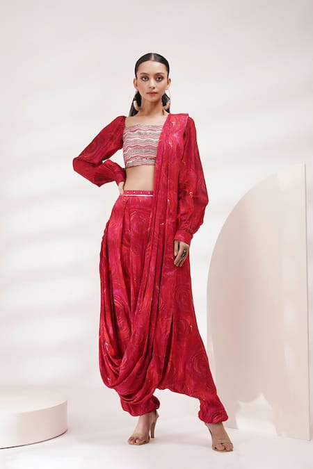 Breathe By Aakanksha Singh Red Chanderi, Cotton Sequins Square Herb Printed Dhoti Pant Saree With Blouse Online at Aza Fashions Breathe By Aakanksha Singh_Red Chanderi, Cotton Sequins Square Herb Printed Dhoti Pant Saree With Blouse _Online_at_Aza_Fashions