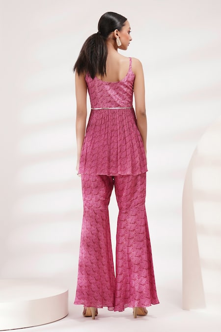 Shop_Breathe By Aakanksha Singh_Pink Chiffon, Cotton Sequins, Hocks Printed Peplum Kurta And Sharara Set _at_Aza_Fashions