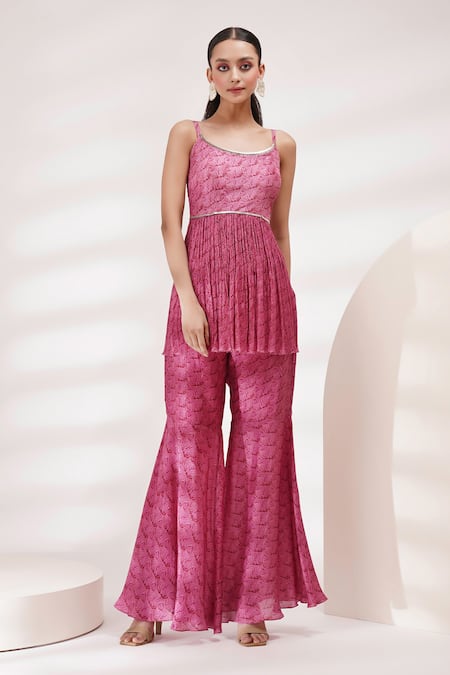 Breathe By Aakanksha Singh_Pink Chiffon, Cotton Sequins, Hocks Printed Peplum Kurta And Sharara Set _Online_at_Aza_Fashions