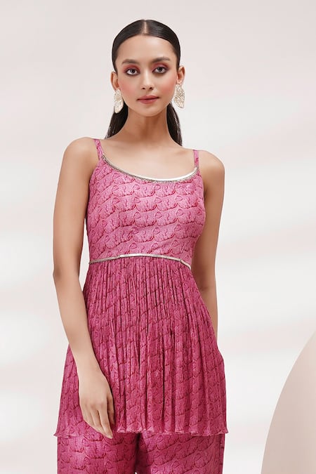 Buy_Breathe By Aakanksha Singh_Pink Chiffon, Cotton Sequins, Hocks Printed Peplum Kurta And Sharara Set _Online_at_Aza_Fashions