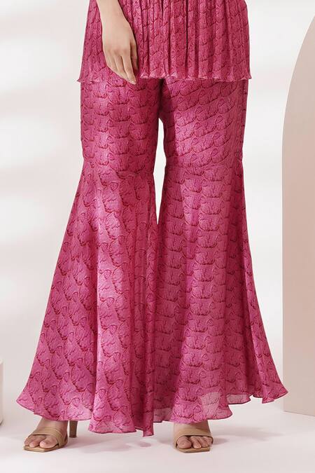 Shop_Breathe By Aakanksha Singh_Pink Chiffon, Cotton Sequins, Hocks Printed Peplum Kurta And Sharara Set _Online_at_Aza_Fashions