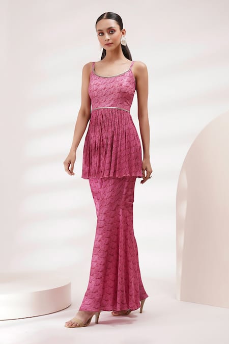 Breathe By Aakanksha Singh_Pink Chiffon, Cotton Sequins, Hocks Printed Peplum Kurta And Sharara Set _at_Aza_Fashions