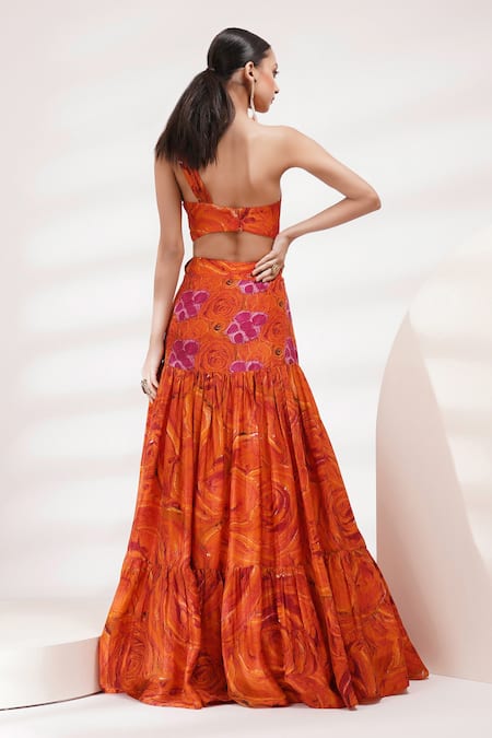 Breathe By Aakanksha Singh Holly One Shoulder Printed Blouse & Skirt Set For Kids