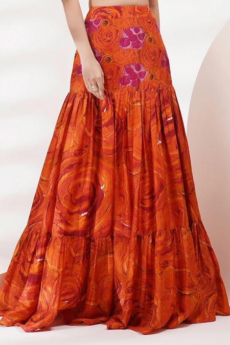 Breathe By Aakanksha Singh_Orange Cotton, Silk Embroidery, Holly One Shoulder Printed Blouse And Skirt Set For Kids_Online_at_Aza_Fashions