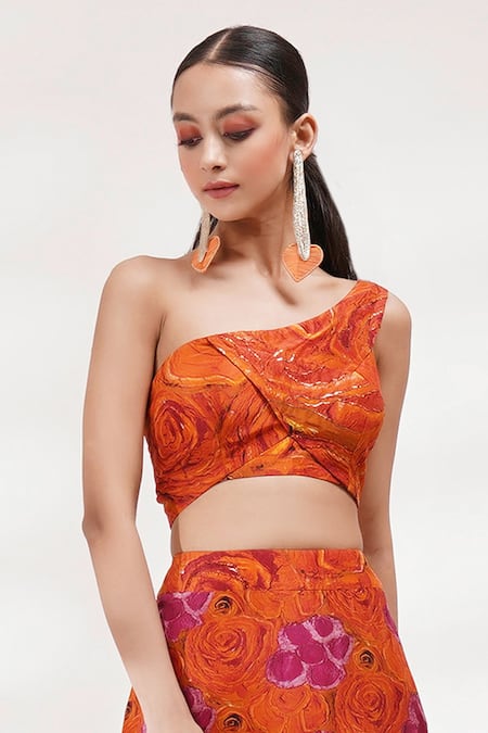 Buy_Breathe By Aakanksha Singh_Orange Cotton, Silk Embroidery, Holly One Shoulder Printed Blouse And Skirt Set For Kids_Online_at_Aza_Fashions