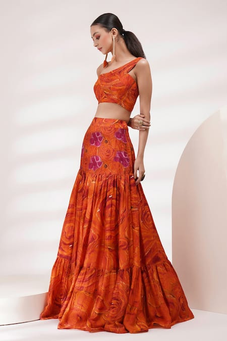 Shop_Breathe By Aakanksha Singh_Orange Cotton, Silk Embroidery, Holly One Shoulder Printed Blouse And Skirt Set For Kids_Online_at_Aza_Fashions