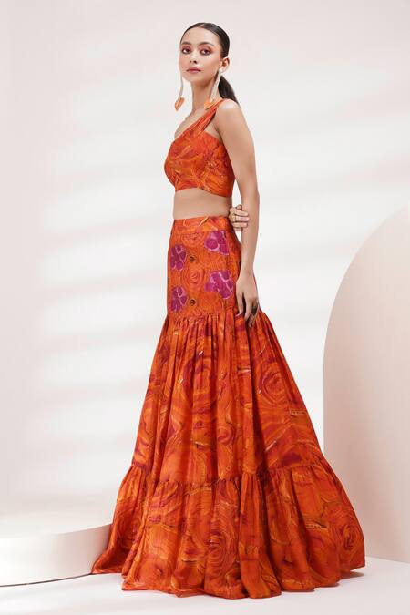 Breathe By Aakanksha Singh_Orange Cotton, Silk Embroidery, Holly One Shoulder Printed Blouse And Skirt Set For Kids_at_Aza_Fashions