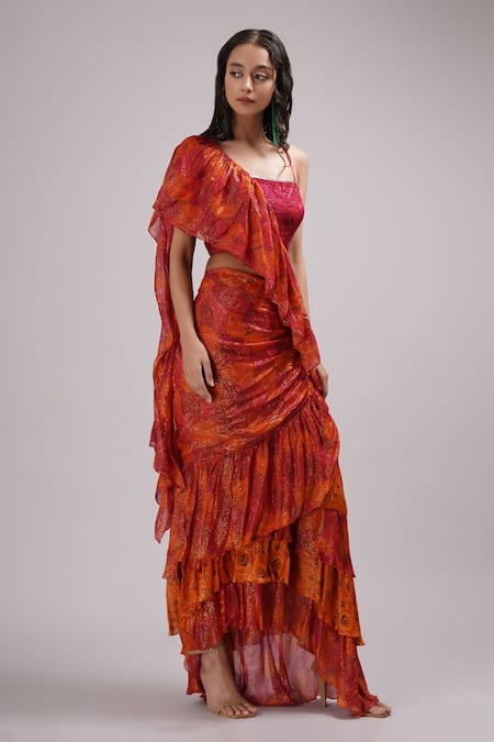 Breathe By Aakanksha Singh_Orange Georgette, Silk Sequins, Jonquil Printed Draped Saree With Blouse _Online_at_Aza_Fashions