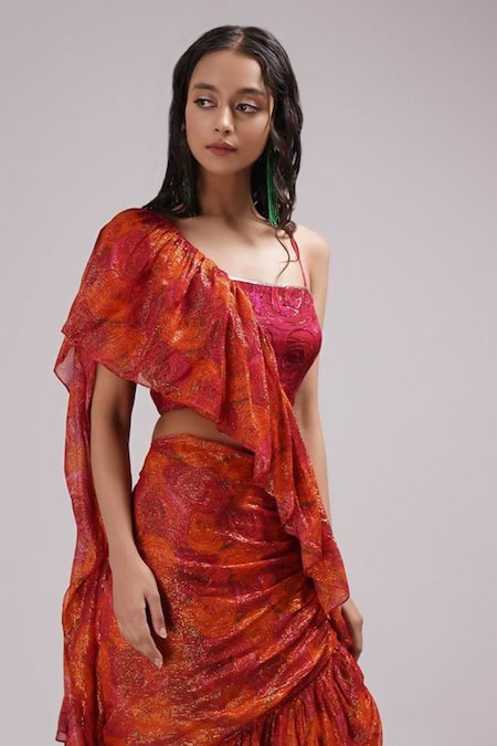 Buy_Breathe By Aakanksha Singh_Orange Georgette, Silk Sequins, Jonquil Printed Draped Saree With Blouse _Online_at_Aza_Fashions