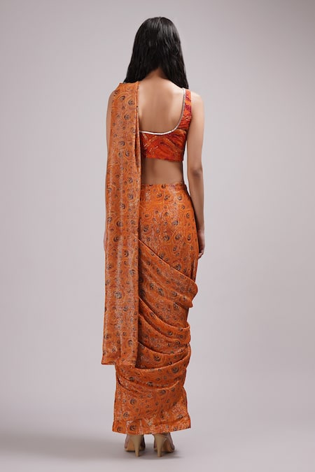 Shop Breathe By Aakanksha Singh Orange Georgette, Silk Sequins, Kalina Printed Pre-draped Saree With Blouse at Aza Fashions Shop_Breathe By Aakanksha Singh_Orange Georgette, Silk Sequins, Kalina Printed Pre-draped Saree With Blouse _at_Aza_Fashions