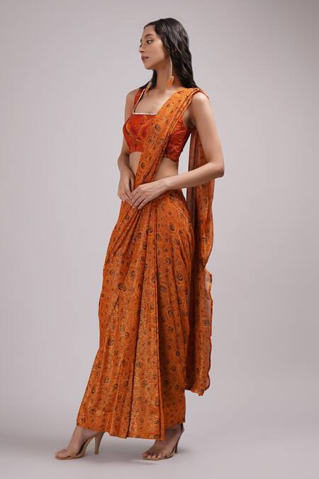 Breathe By Aakanksha Singh Orange Georgette, Silk Sequins, Kalina Printed Pre-draped Saree With Blouse Online at Aza Fashions Breathe By Aakanksha Singh_Orange Georgette, Silk Sequins, Kalina Printed Pre-draped Saree With Blouse _Online_at_Aza_Fashions