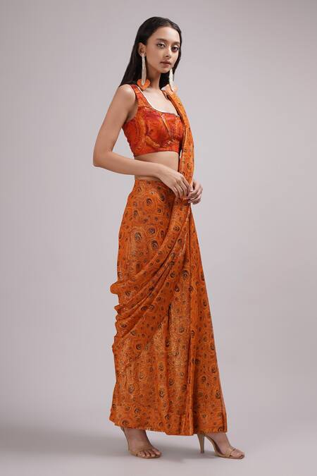 Buy Breathe By Aakanksha Singh Orange Georgette, Silk Sequins, Kalina Printed Pre-draped Saree With Blouse Online at Aza Fashions Buy_Breathe By Aakanksha Singh_Orange Georgette, Silk Sequins, Kalina Printed Pre-draped Saree With Blouse _Online_at_Aza_Fashions