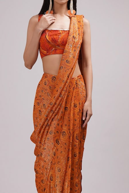 Shop Breathe By Aakanksha Singh Orange Georgette, Silk Sequins, Kalina Printed Pre-draped Saree With Blouse Online at Aza Fashions Shop_Breathe By Aakanksha Singh_Orange Georgette, Silk Sequins, Kalina Printed Pre-draped Saree With Blouse _Online_at_Aza_Fashions
