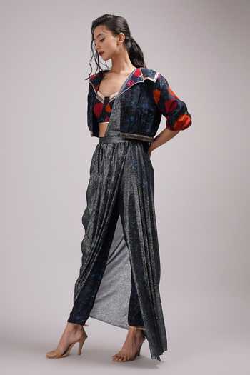 Breathe By Aakanksha Singh_Blue Georgette, Silk Embroidery, Cut Kantula Draped Pant Saree Set With Jacket _Online_at_Aza_Fashions