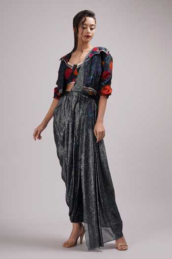 Buy_Breathe By Aakanksha Singh_Blue Georgette, Silk Embroidery, Cut Kantula Draped Pant Saree Set With Jacket _Online_at_Aza_Fashions