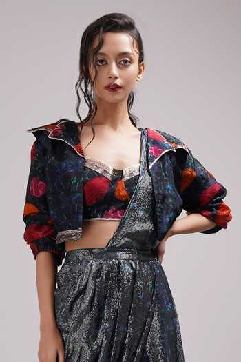 Breathe By Aakanksha Singh_Blue Georgette, Silk Embroidery, Cut Kantula Draped Pant Saree Set With Jacket _at_Aza_Fashions