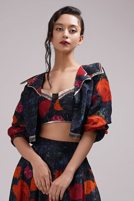 Buy_Breathe By Aakanksha Singh_Blue Cotton Cut Work, Embroidery Kassia Printed Bomber Jacket Lehenga Set For Kids_Online_at_Aza_Fashions