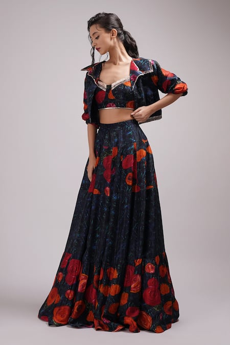 Breathe By Aakanksha Singh_Blue Cotton Cut Work, Embroidery Kassia Printed Bomber Jacket Lehenga Set For Kids_at_Aza_Fashions