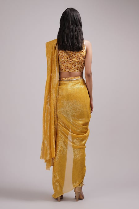 Breathe By Aakanksha Singh Lace Printed Pant Cowl Saree Set With Blouse 