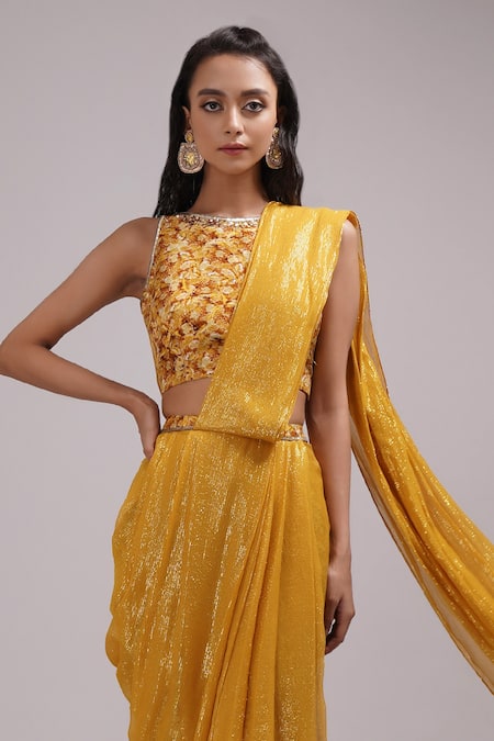 Breathe By Aakanksha Singh_Yellow Cotton, Georgette Lace Printed Pant Cowl Saree Set With Blouse _Online_at_Aza_Fashions